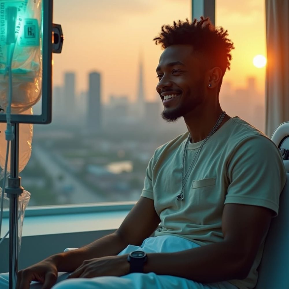 Prestige Smile Homecare IV Drip A happy young athlete regaining his energy through IV drip